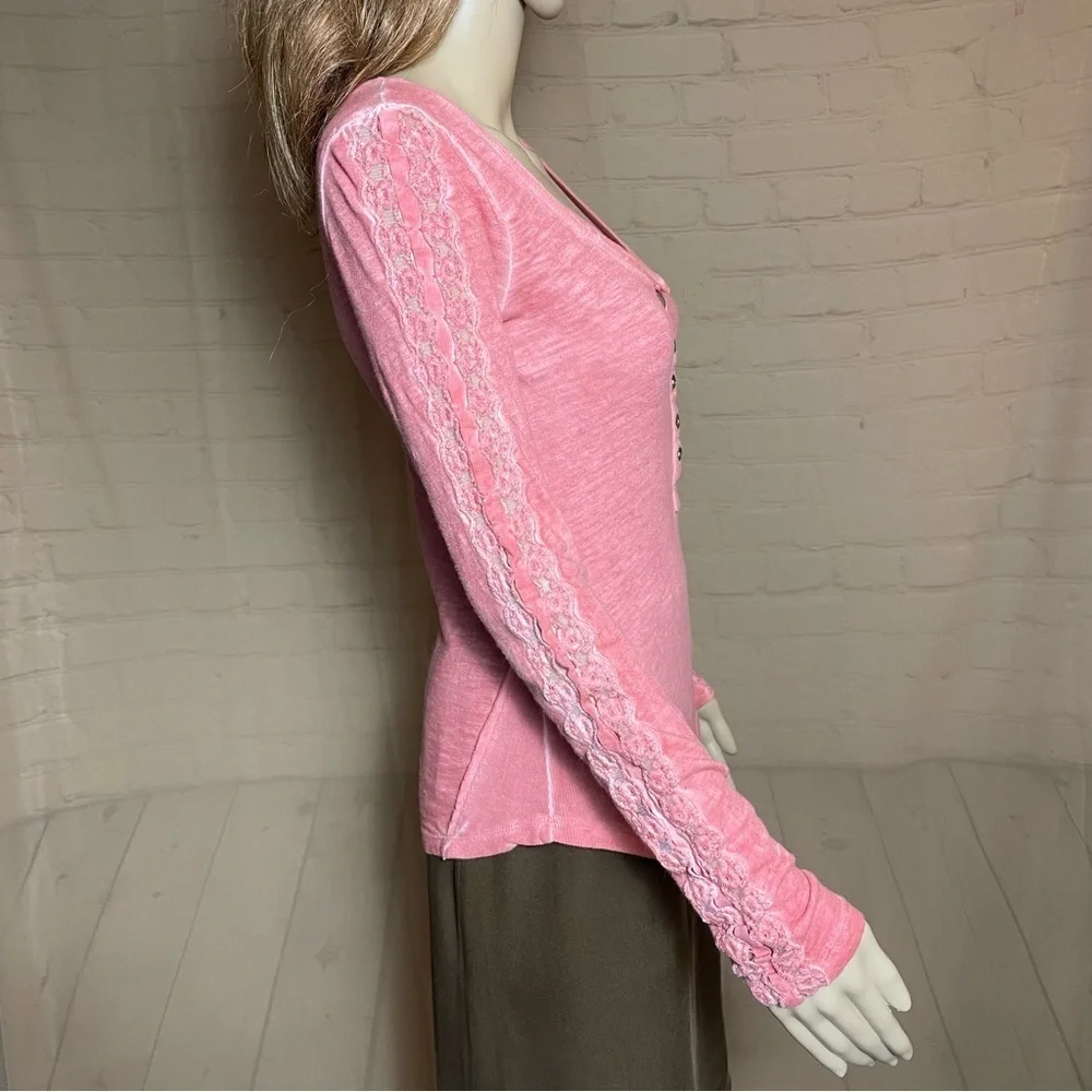 Free People Shell Stitch Long Sleeve Coral Pink Henley Size XS